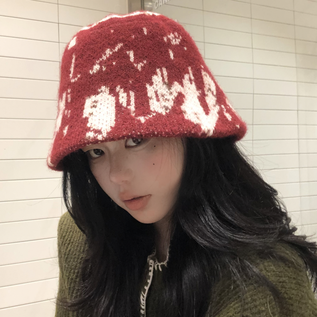 日系针织渔夫帽女秋冬时尚显脸小盆帽出游编织毛线撞色保暖水桶帽