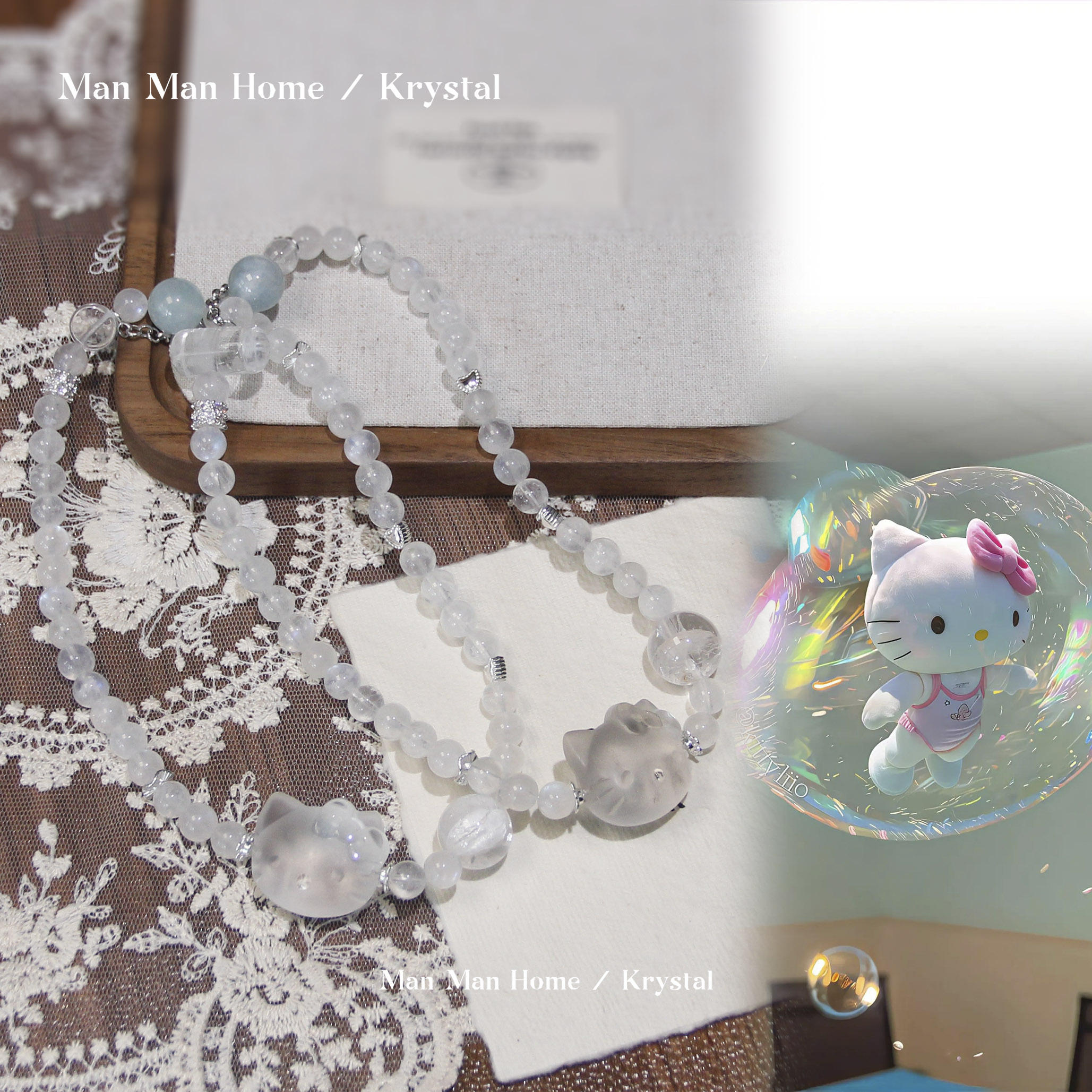 MMJ636【月光Kitty】暖暖家天然白水晶蓝月光双圈手链多样性发公主