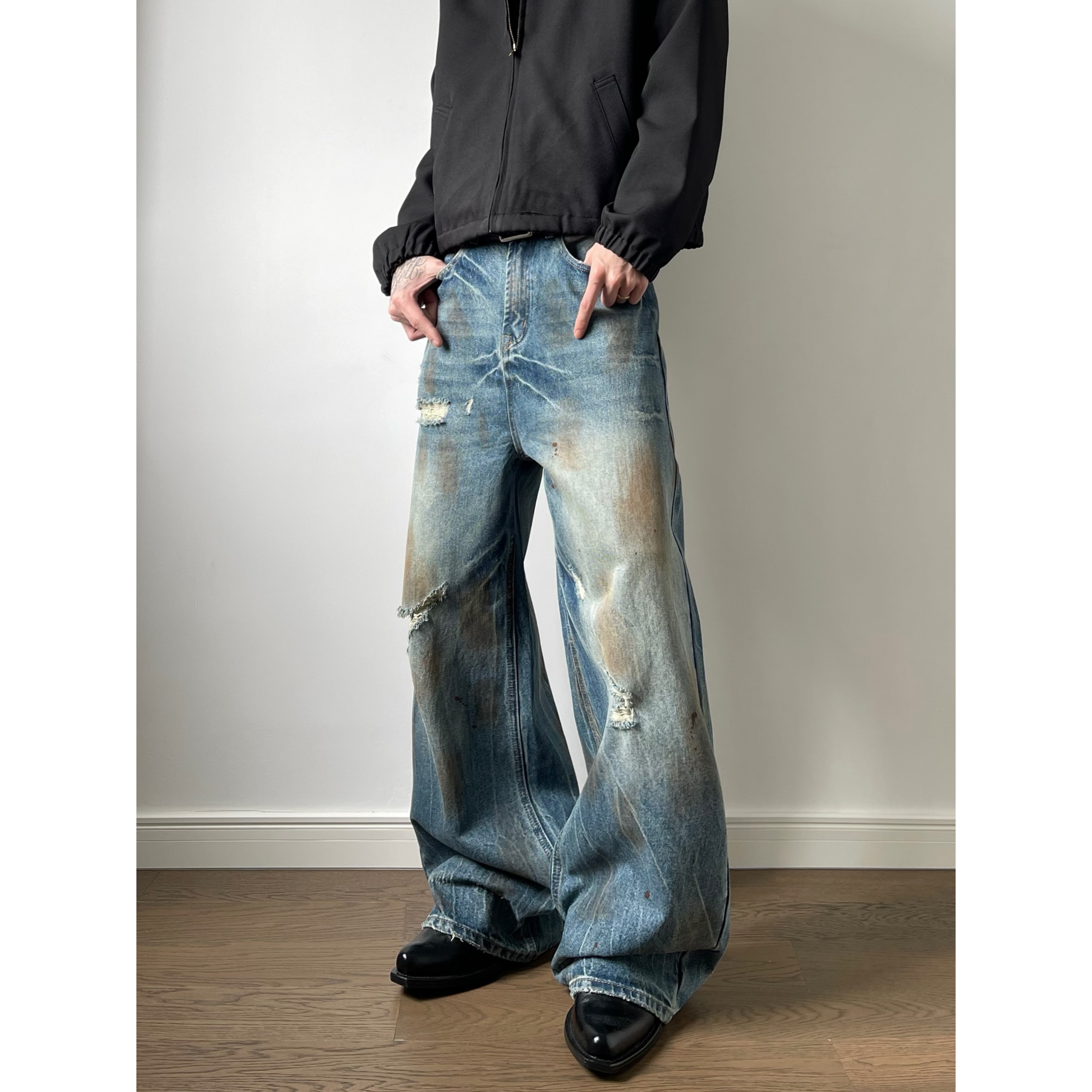 DAYAOBUTAIG水洗复古vintage破坏喷脏牛仔裤休闲宽松拖地直筒裤