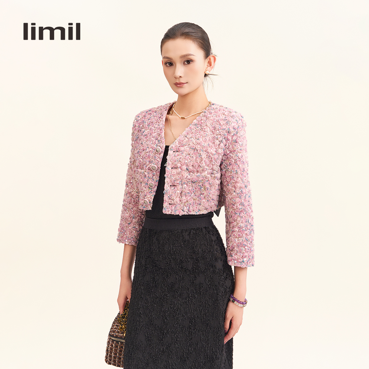 limil/丽米儿新款法式休闲设计师款粉色小香风秋冬复古外套940012