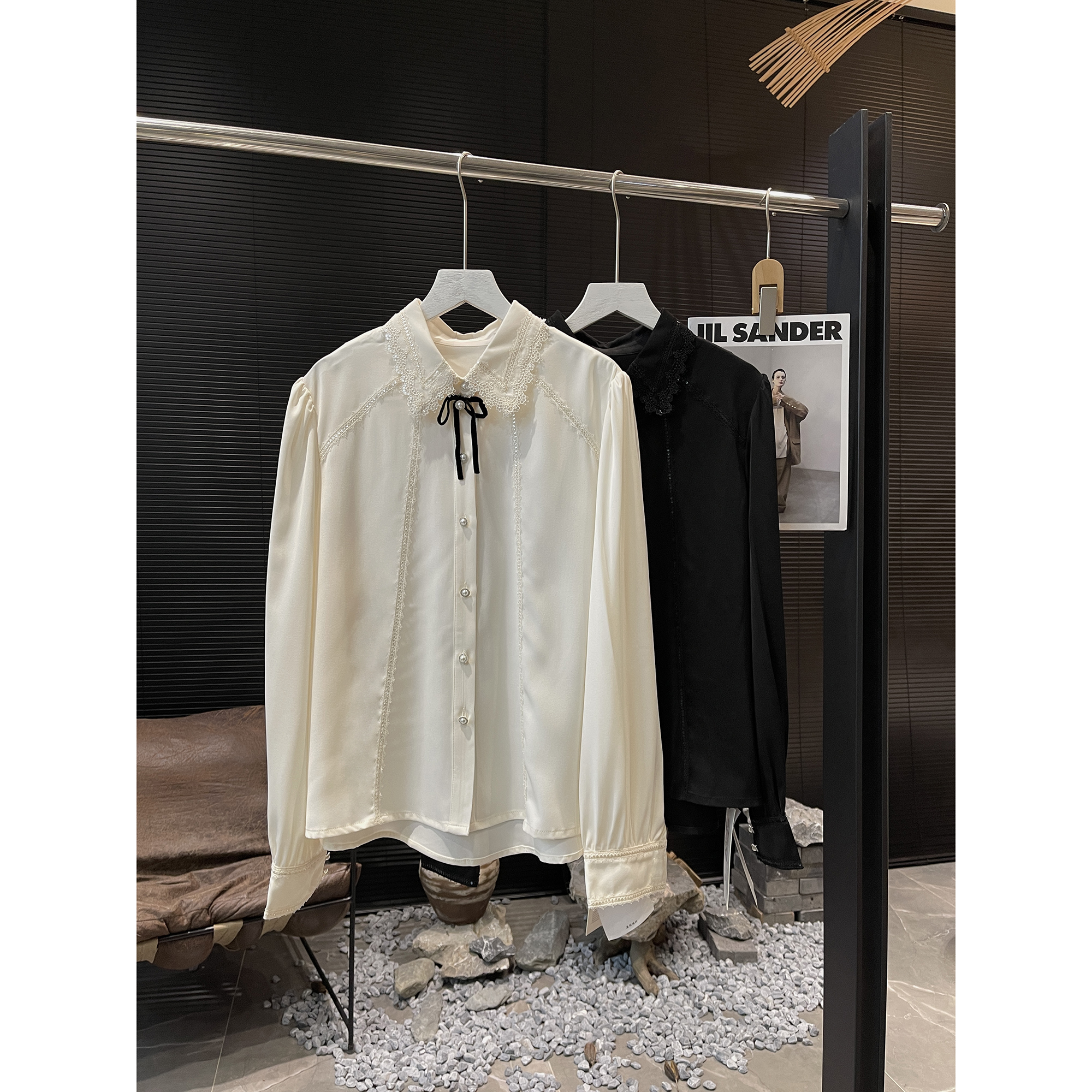 重工蕾丝边 宫廷风丝滑衬衫68097（清）