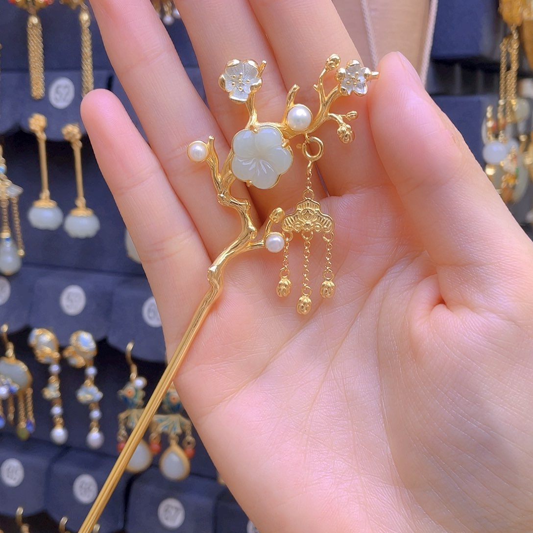 和田玉发簪银S925镀金镶嵌