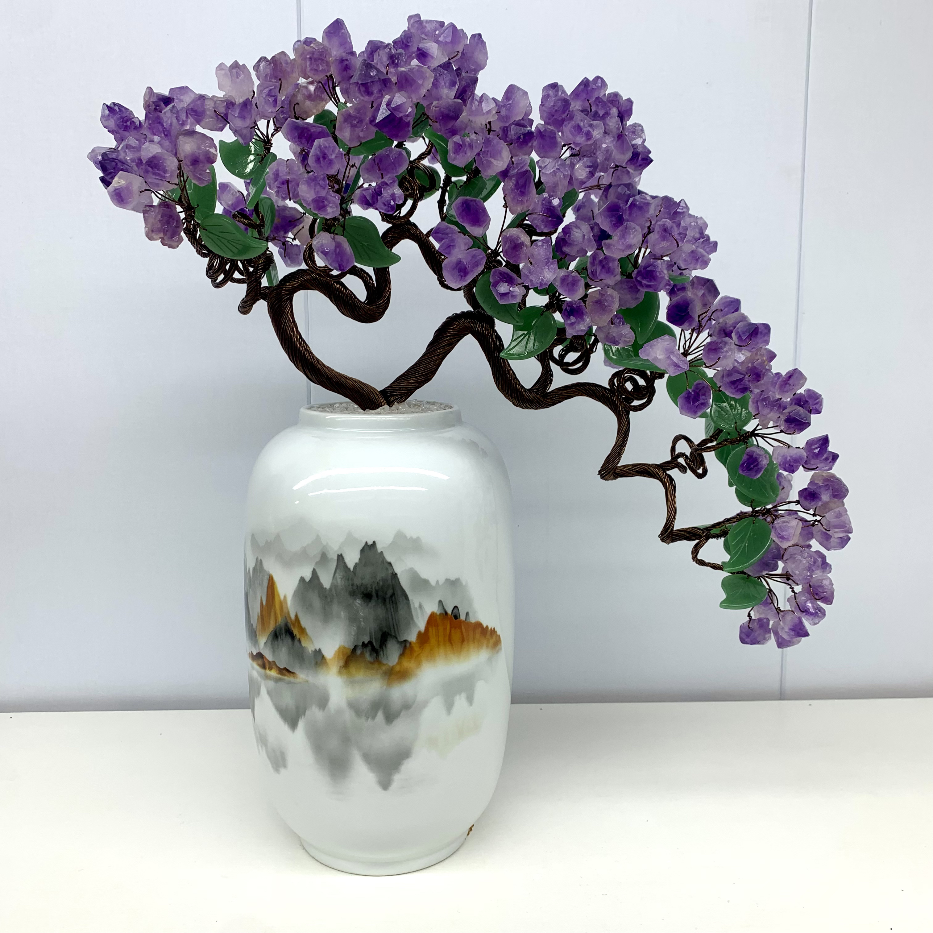 【晶之运】千里江山纯天然紫水晶创意迎客松摆件陶瓷乔迁办公家居