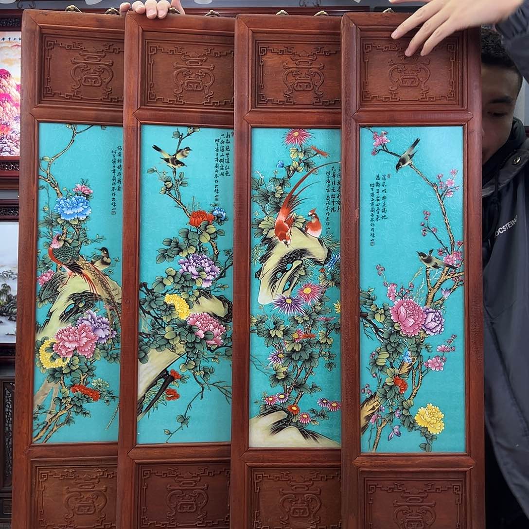 瓷片景德镇瓷板画四联屏花鸟