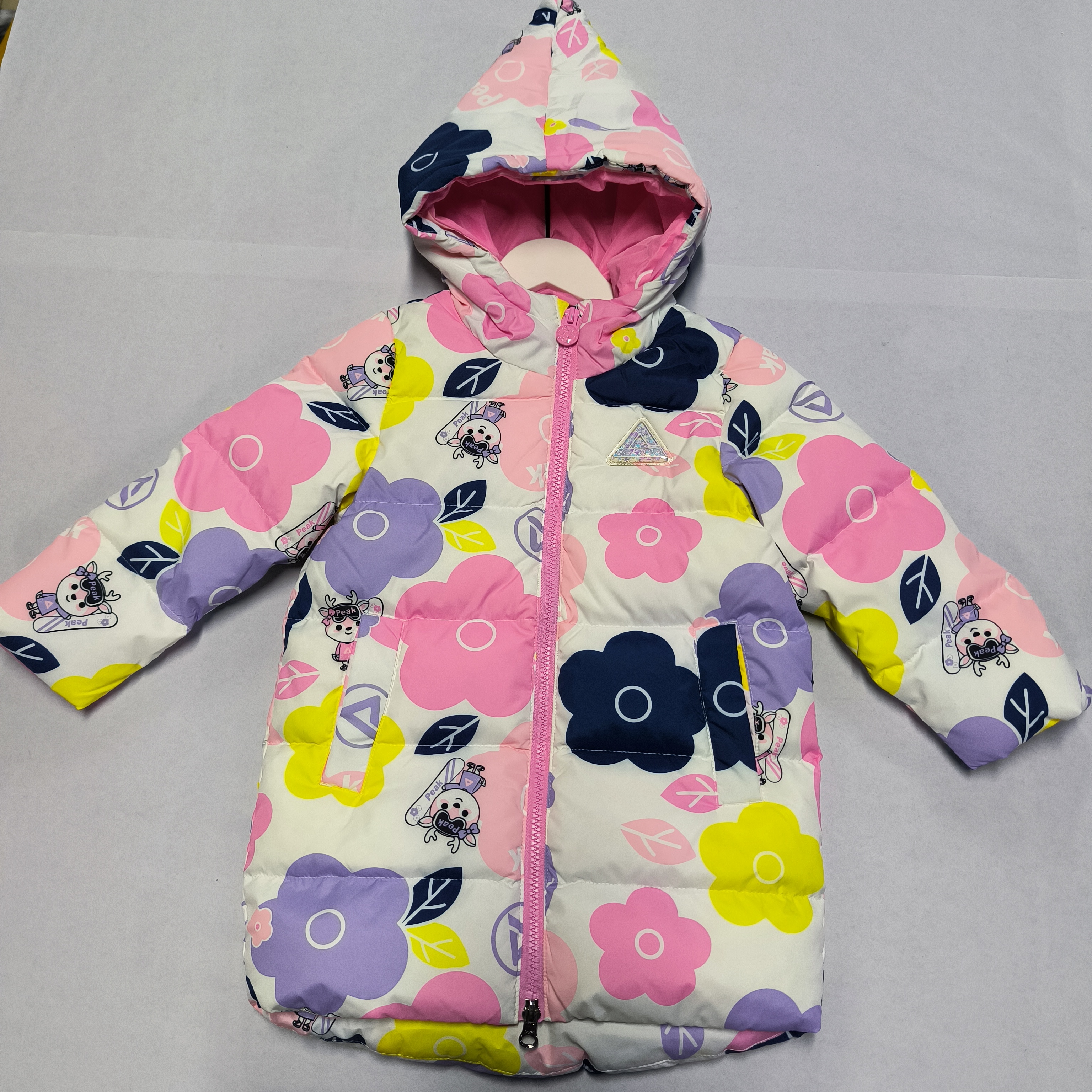 Peak/匹克女小童中长羽绒服连帽印花秋冬卡通满印保暖羽绒服51488