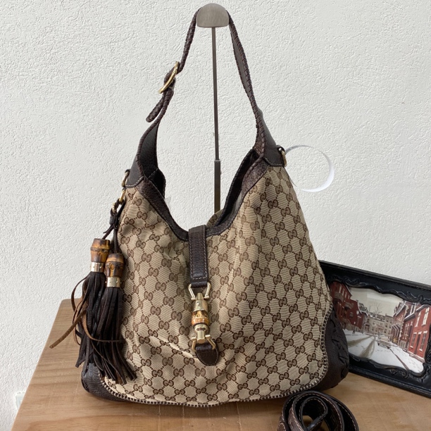 95新 GUCCI/古驰 棕色老花帆布Jackie 063116 底长40