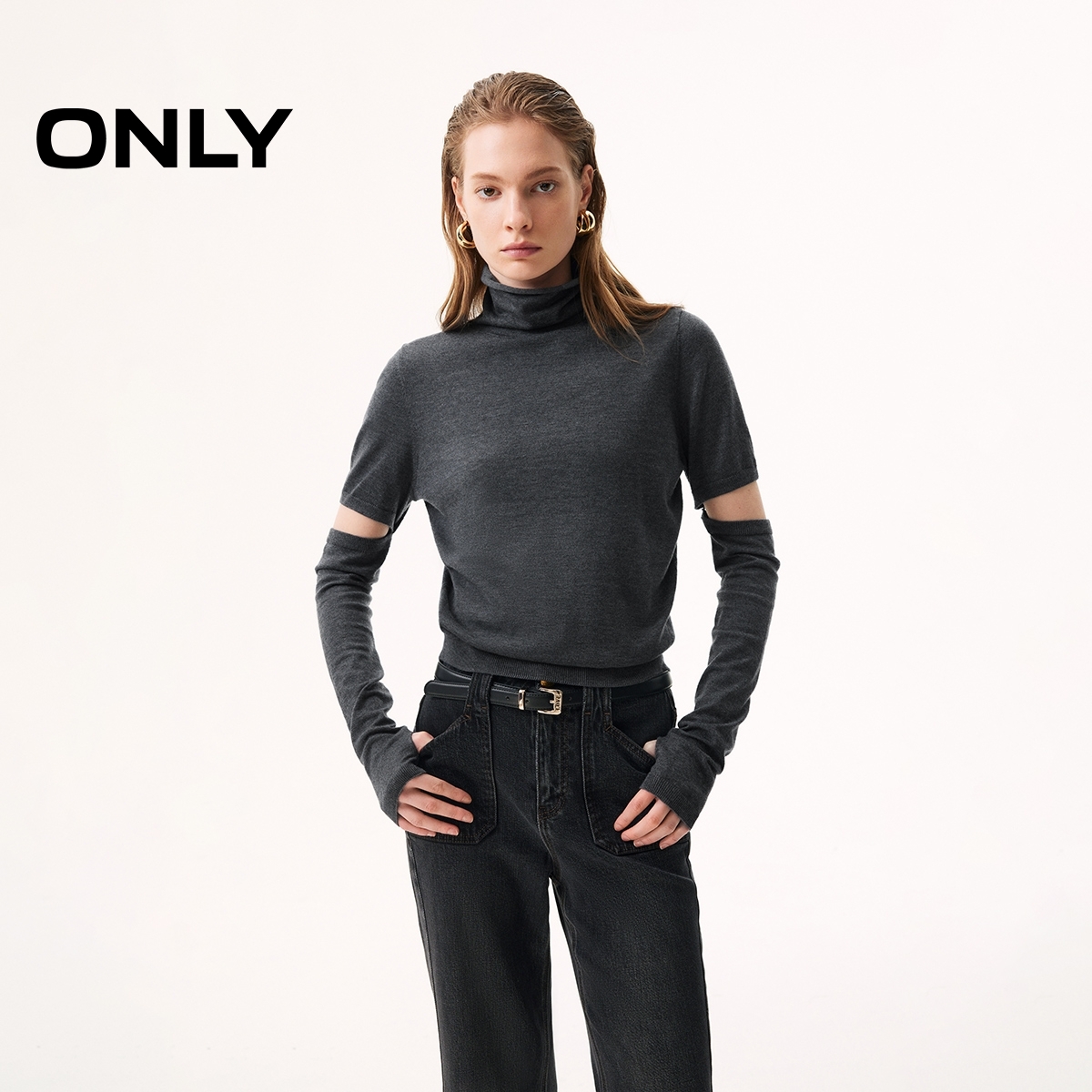 ONLY2026春季新款可拆袖两穿设计含绵羊毛长袖针织衫女|126124004