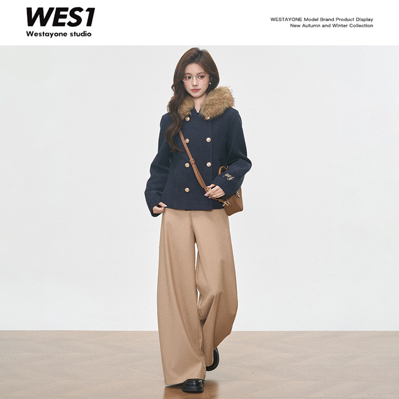 【10.7新】WESTAYONE短款保暖加厚毛呢新款外套女士毛领棉服+阔腿裤