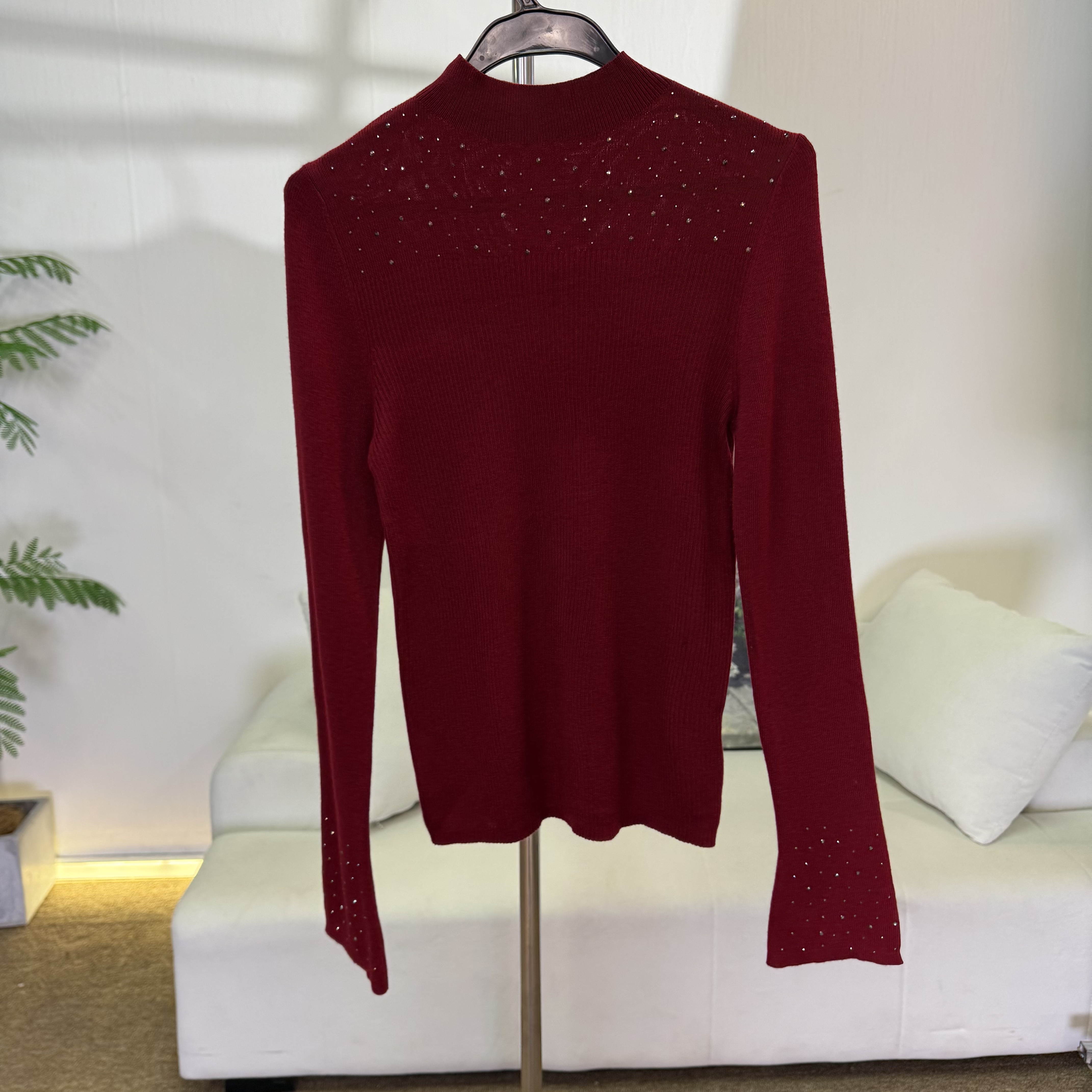【雅家-酒红色】气质百搭圆领丝光羊毛针织打底衫【9626】