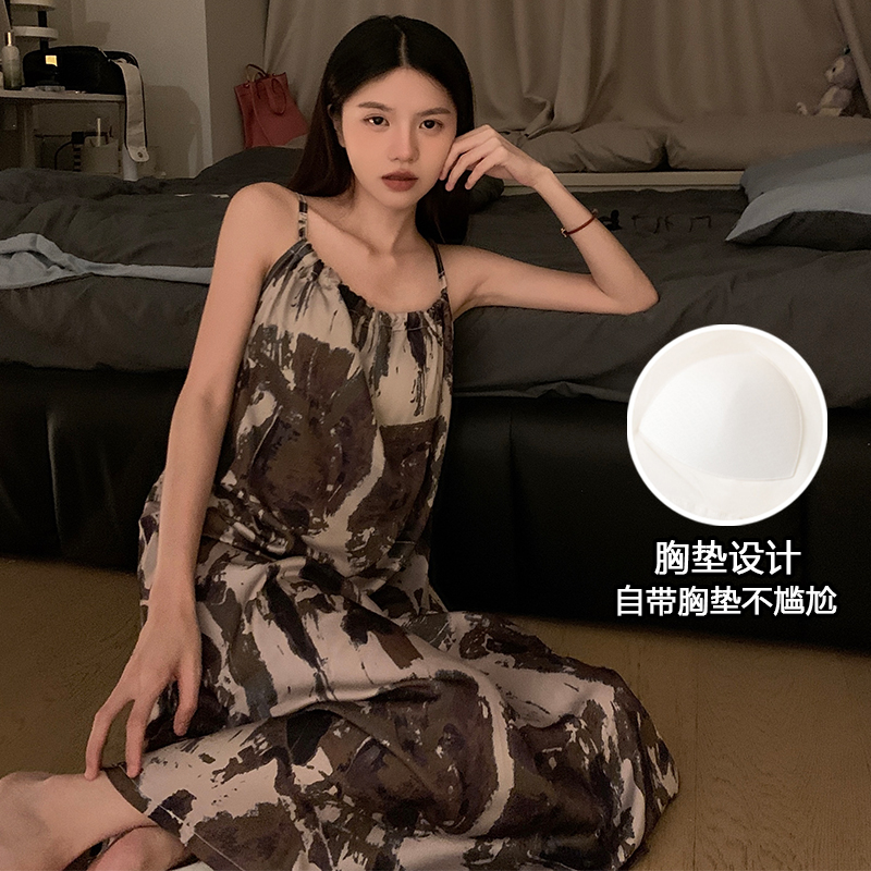 睡裙女夏季带胸垫薄款冰丝仿真丝性感吊带睡裙家居服网红爆款