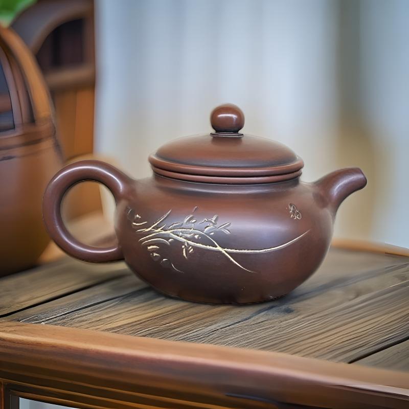 广西钦州坭兴陶茶壶扁仿古线刻壶手工拉坯手工雕刻约220毫升