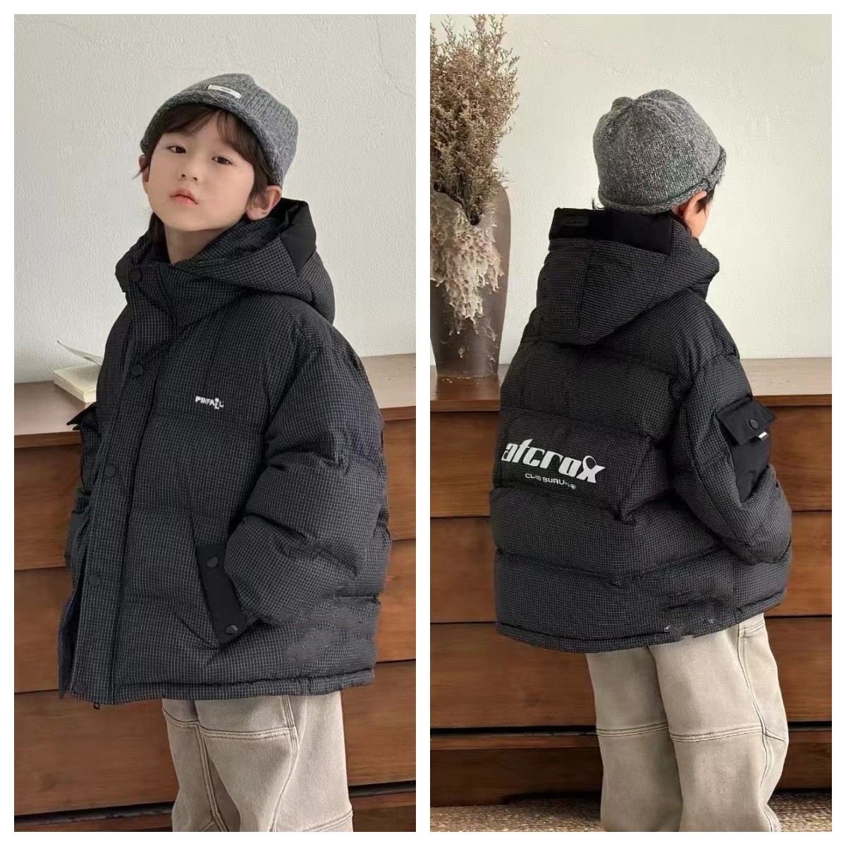 儿童羽绒服2024年冬季新款韩版男女童加厚格子白鸭绒羽绒