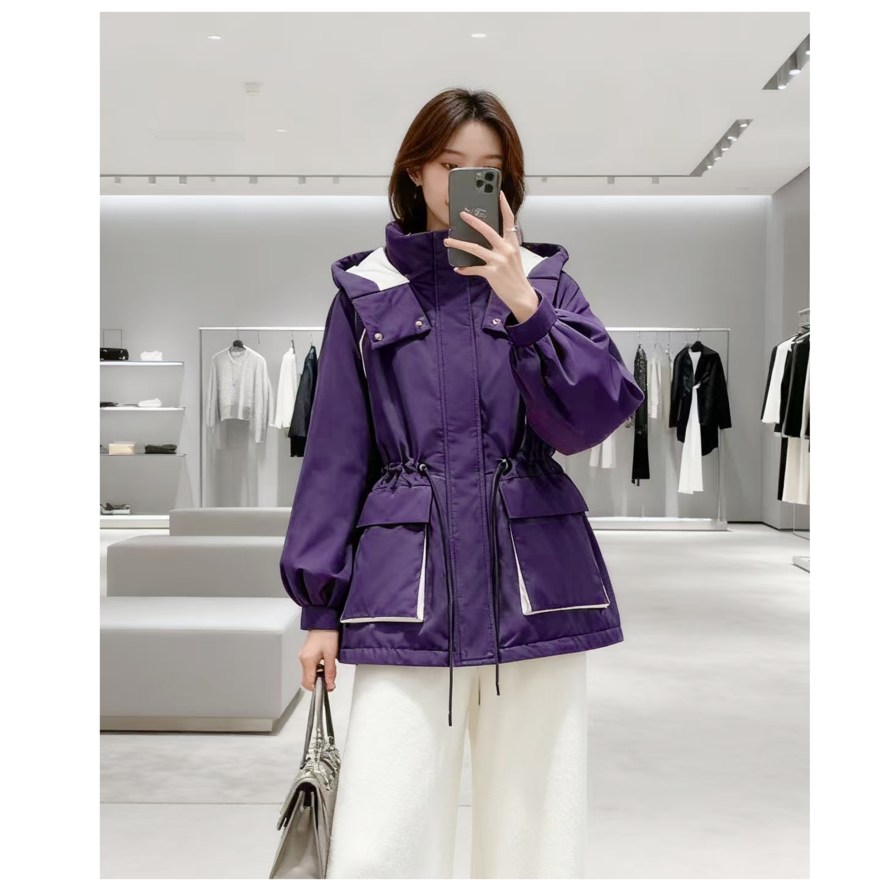 YMG M胸108长71显白酷飒工装收腰连帽羽绒外套 4359