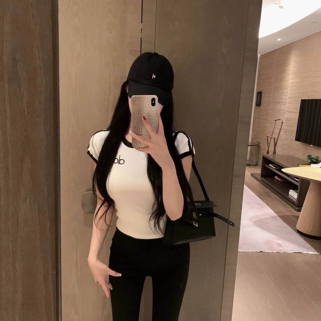 alo时尚潮流修身拼接T恤短款显瘦收腰短款黑白色短袖纯棉 ALO-32