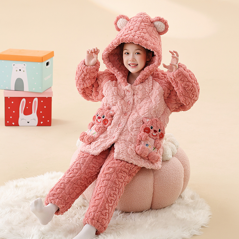女童加绒裤子女孩家居服加绒加厚三层夹棉保暖家居服套装冬季睡衣