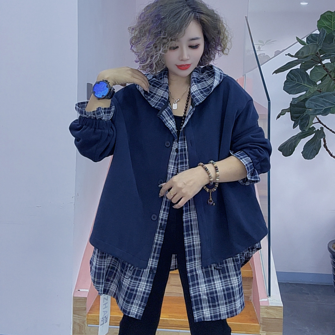 琦琦家新款拼格子假两件连帽外套