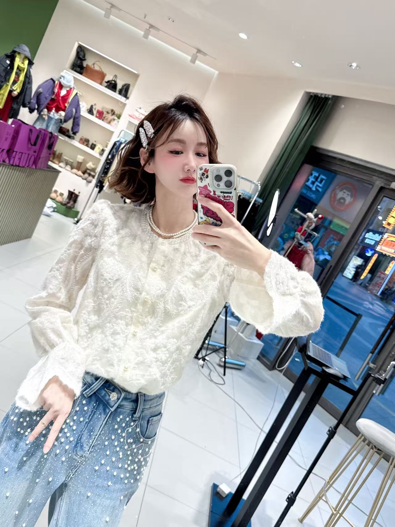 女皇【重工钉珠刺绣羽毛高级感蕾丝花边】衬衫