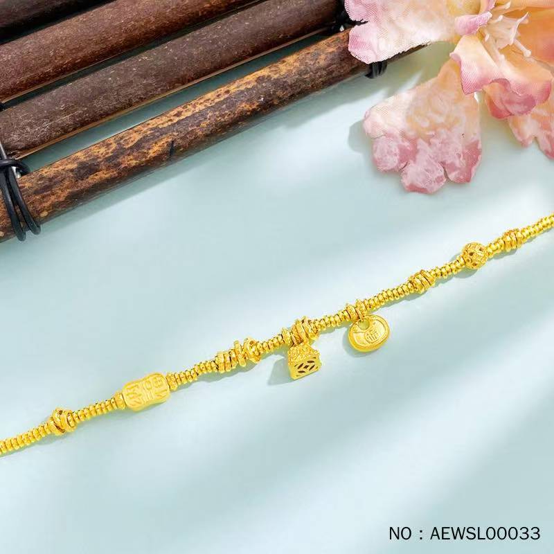 实心称心如意圆满福字胖福吊饰碎闪金调节手链