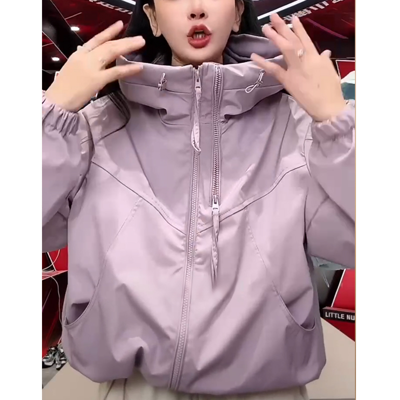 双拉链女款连帽春秋纯色短款休闲拼接防风韩版短外套T2502