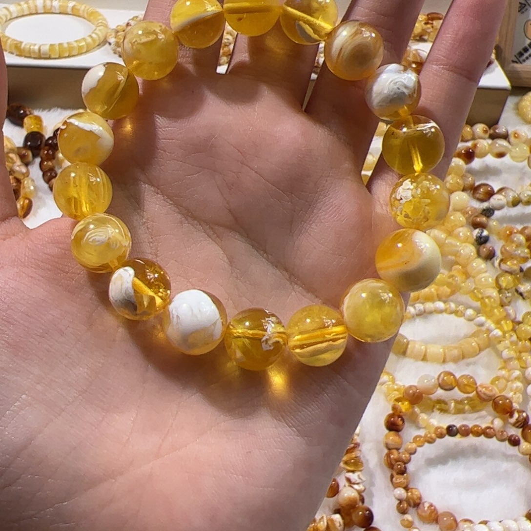 琥珀未镶嵌珠宝奇石特色金瓷白圆珠手串
