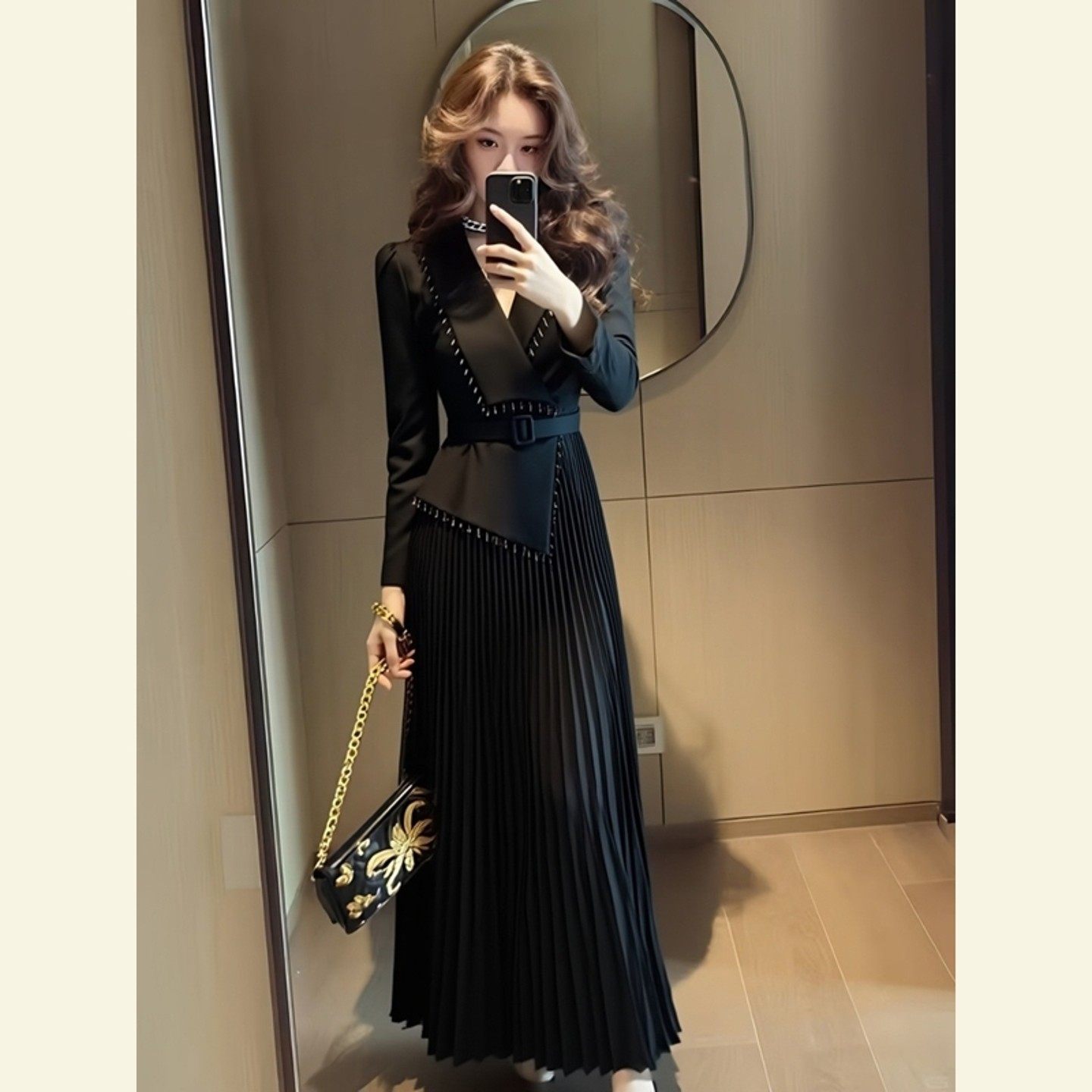 轻奢气场强大气质女神范重要场合巨好看赫本风黑色假两件连衣裙冬