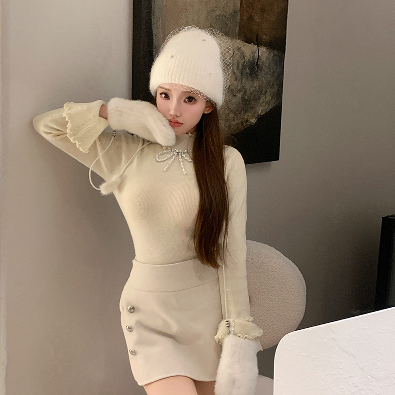 冰冰来了【霓虹甜心】百搭半高领针织衫蝴蝶结烫钻修身上衣26524