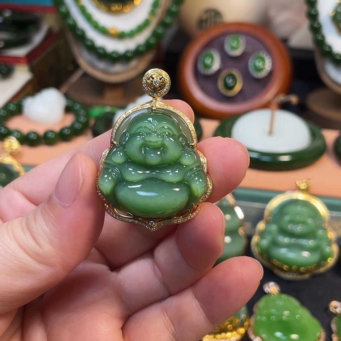 和田玉（碧玉）18K金镶嵌颈饰猫眼佛公30