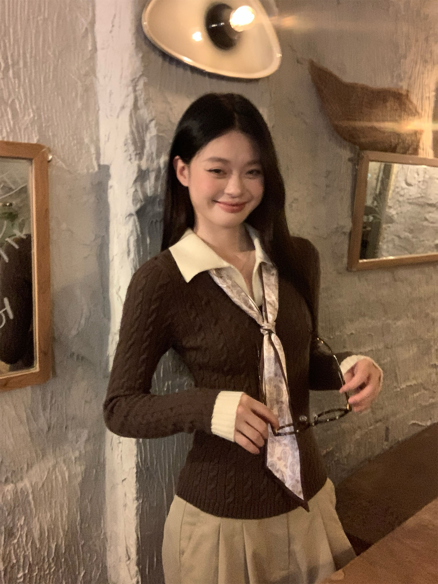 法式咖色Polo领假两件针织衫女秋冬季衣内搭修身休闲短款长袖上衣
