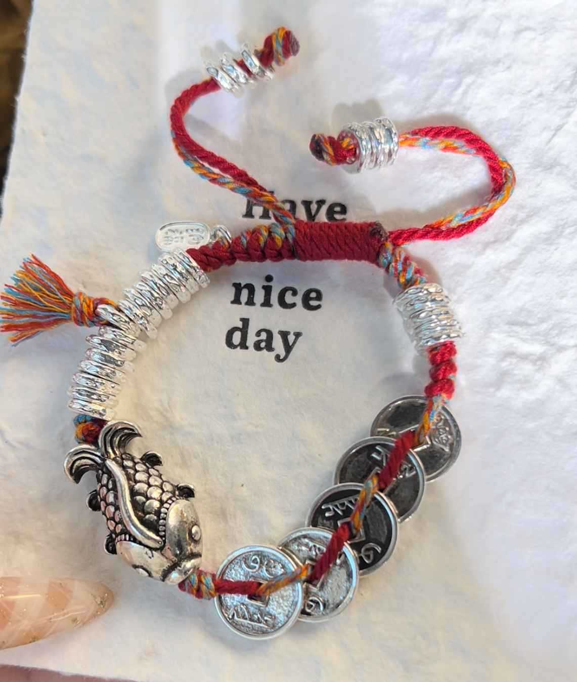 足银手链 足银手链093手工编织五彩绳古风五帝钱银鱼手绳招财纳福