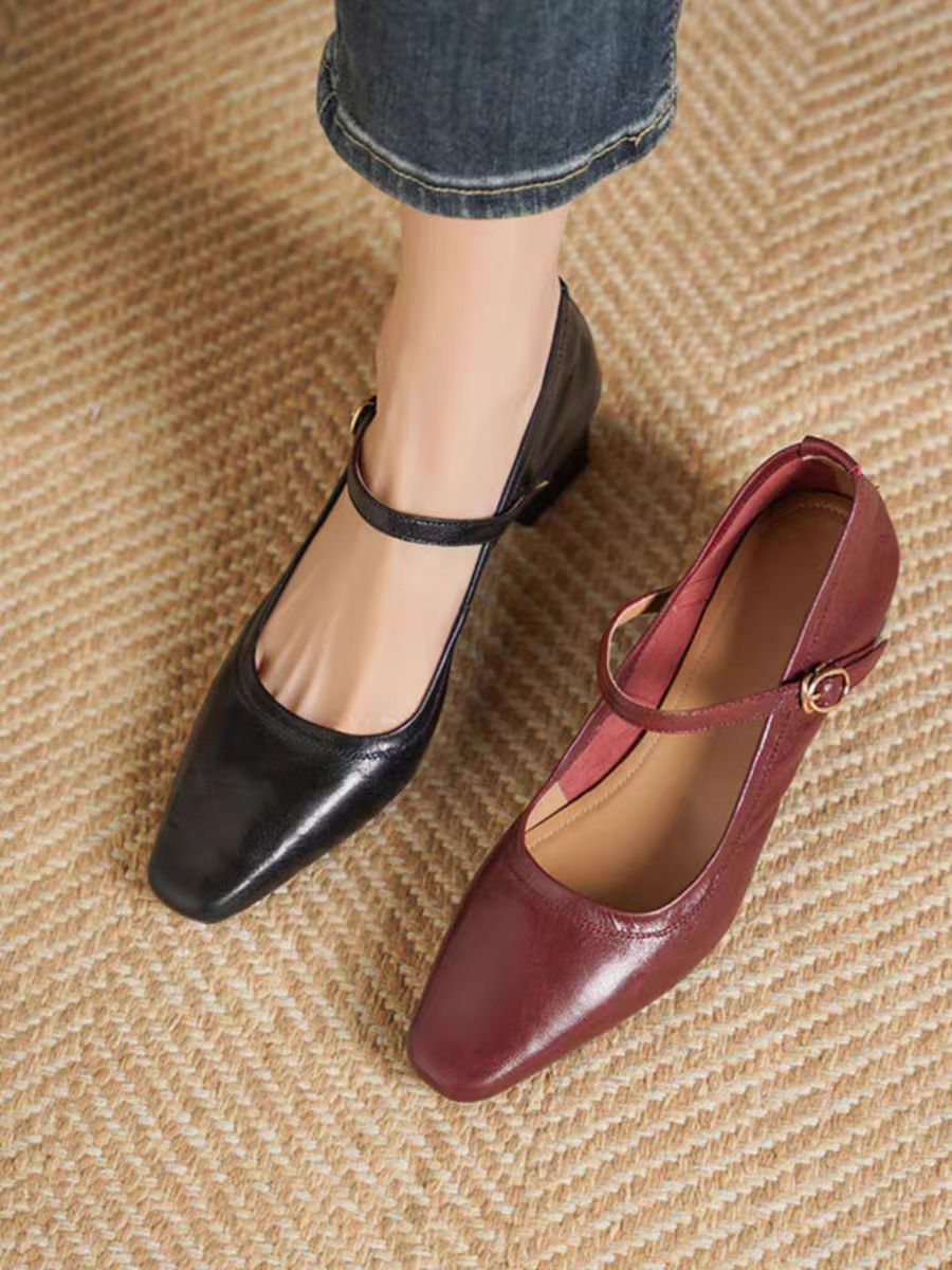 方头中跟手抓纹粗跟玛丽珍鞋单鞋包头女鞋欧若精灵风