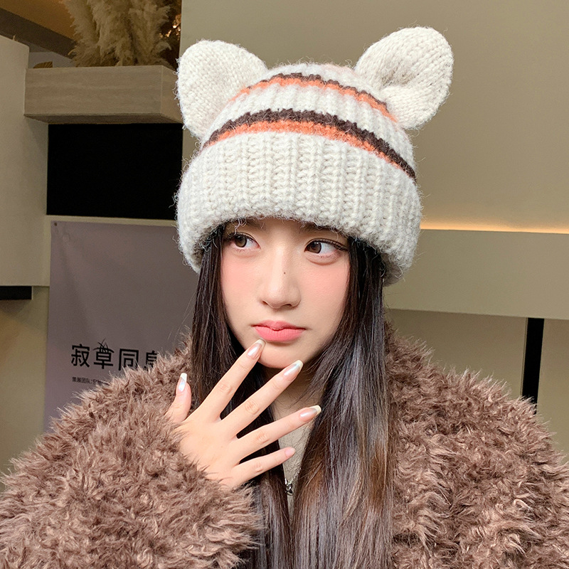 美式甜酷加厚条纹针织帽秋冬保暖猪耳朵毛线帽休闲百搭防风套头帽
