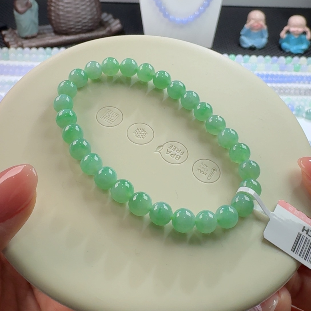 翡翠手链未镶嵌吹****风冰胶甜绿单圈6.7mm