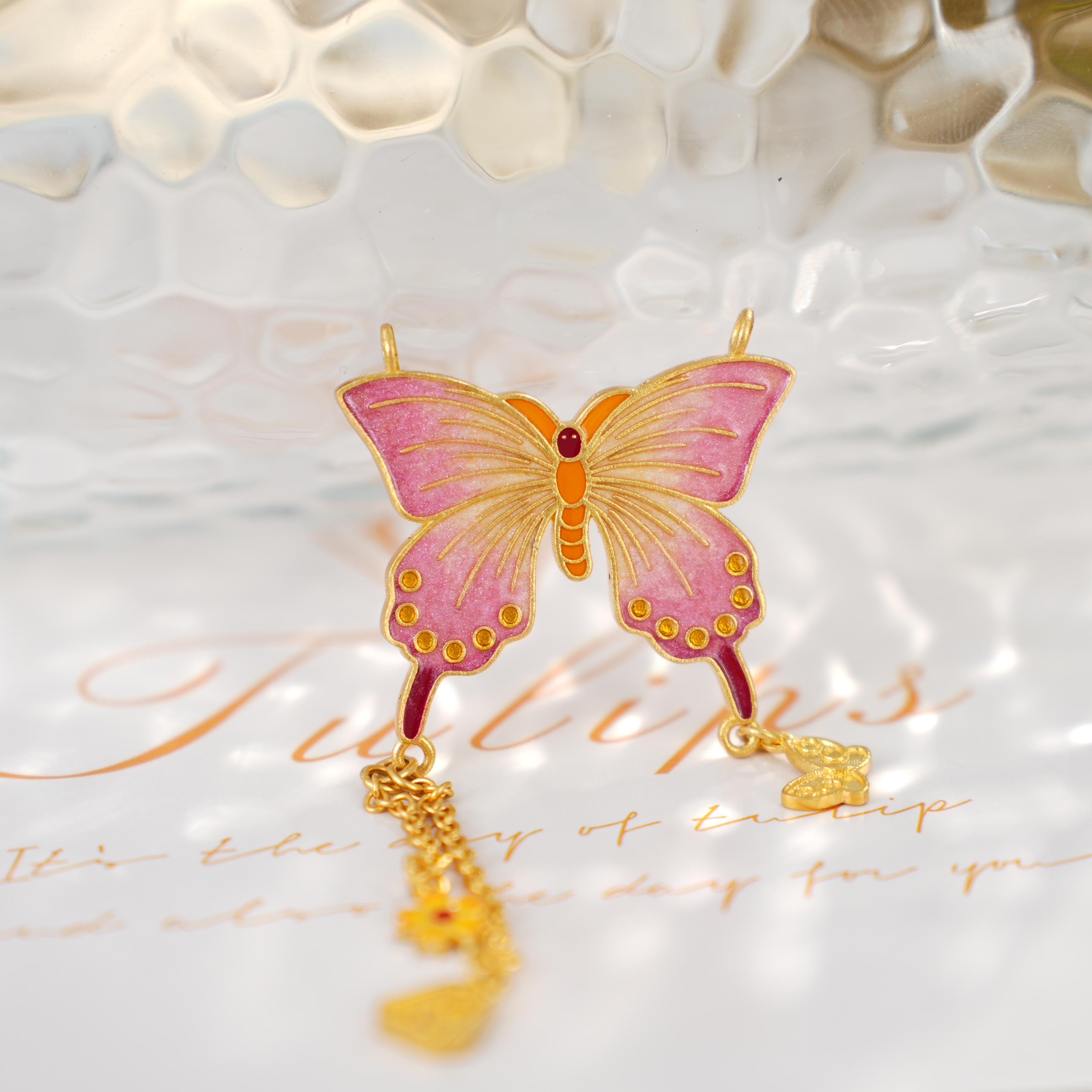 蝶恋花双面珐琅彩足金吊坠10.03g