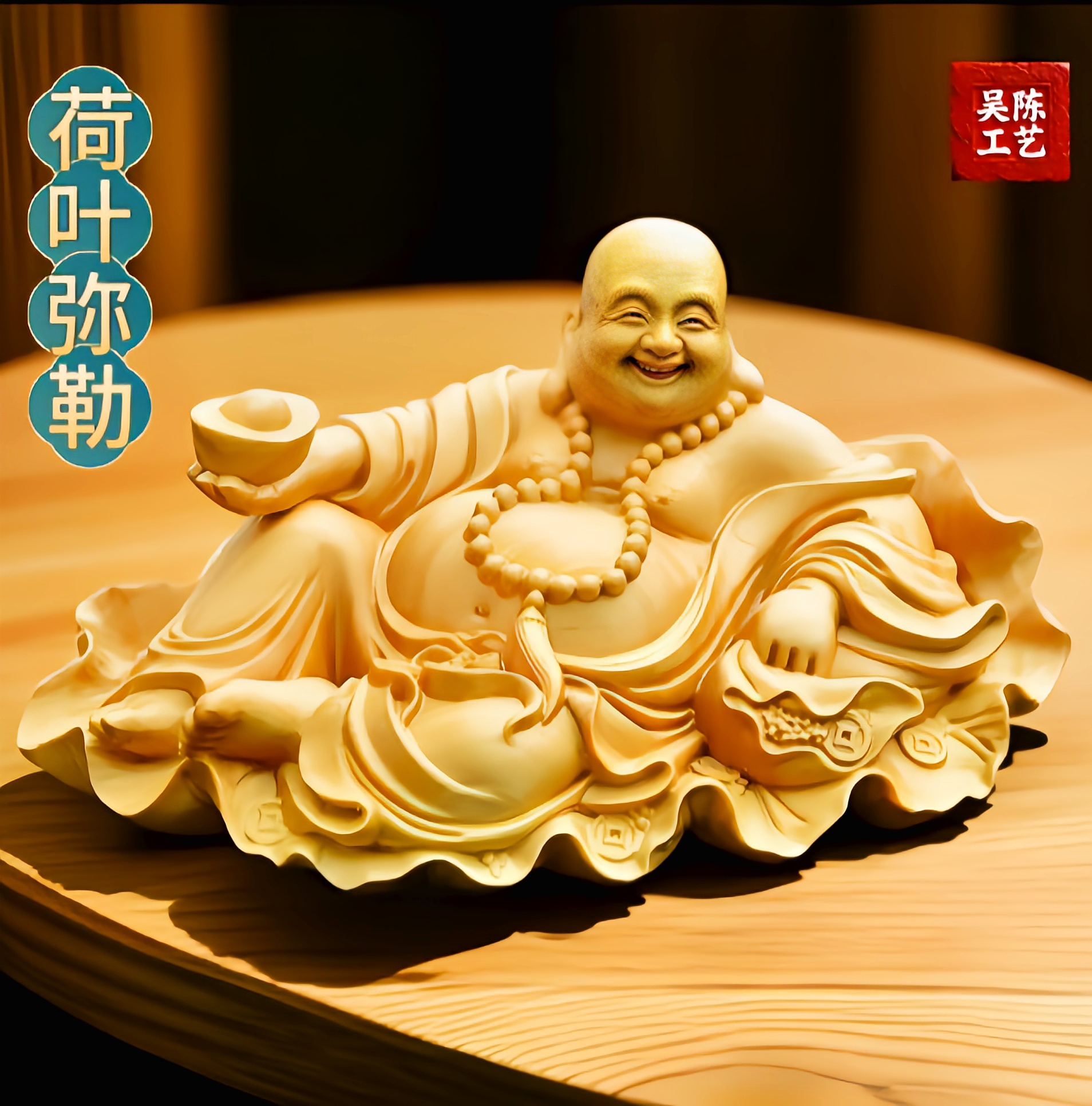 崖柏木木雕荷叶弥勒摆件手把件长约10cm木雕弥勒车摆件