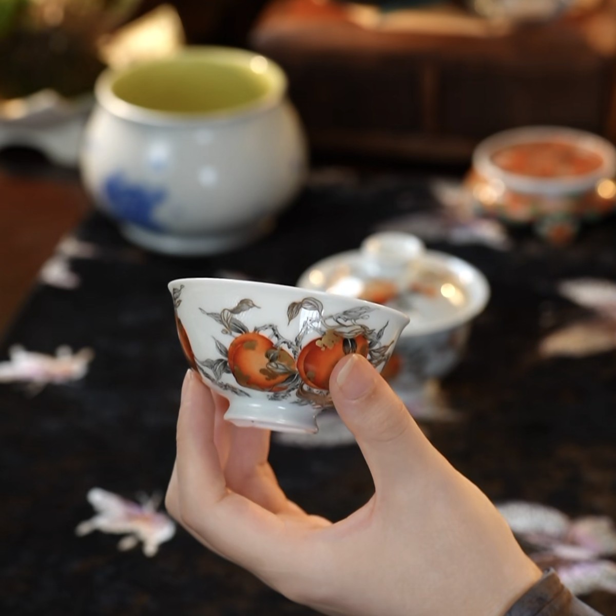 拙古堂——五桃小高足杯复古中式主人杯纯手工矾红陶瓷花纹064