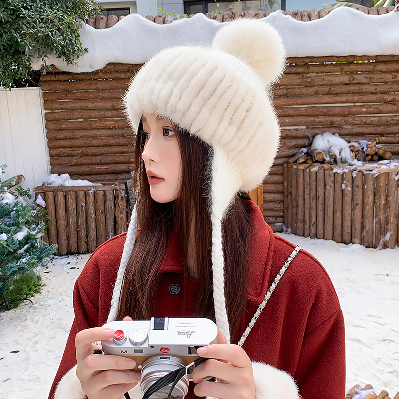 【新款水貂雷锋帽】 水貂配针织帽 冬天百搭真狐狸毛球护耳雷锋帽