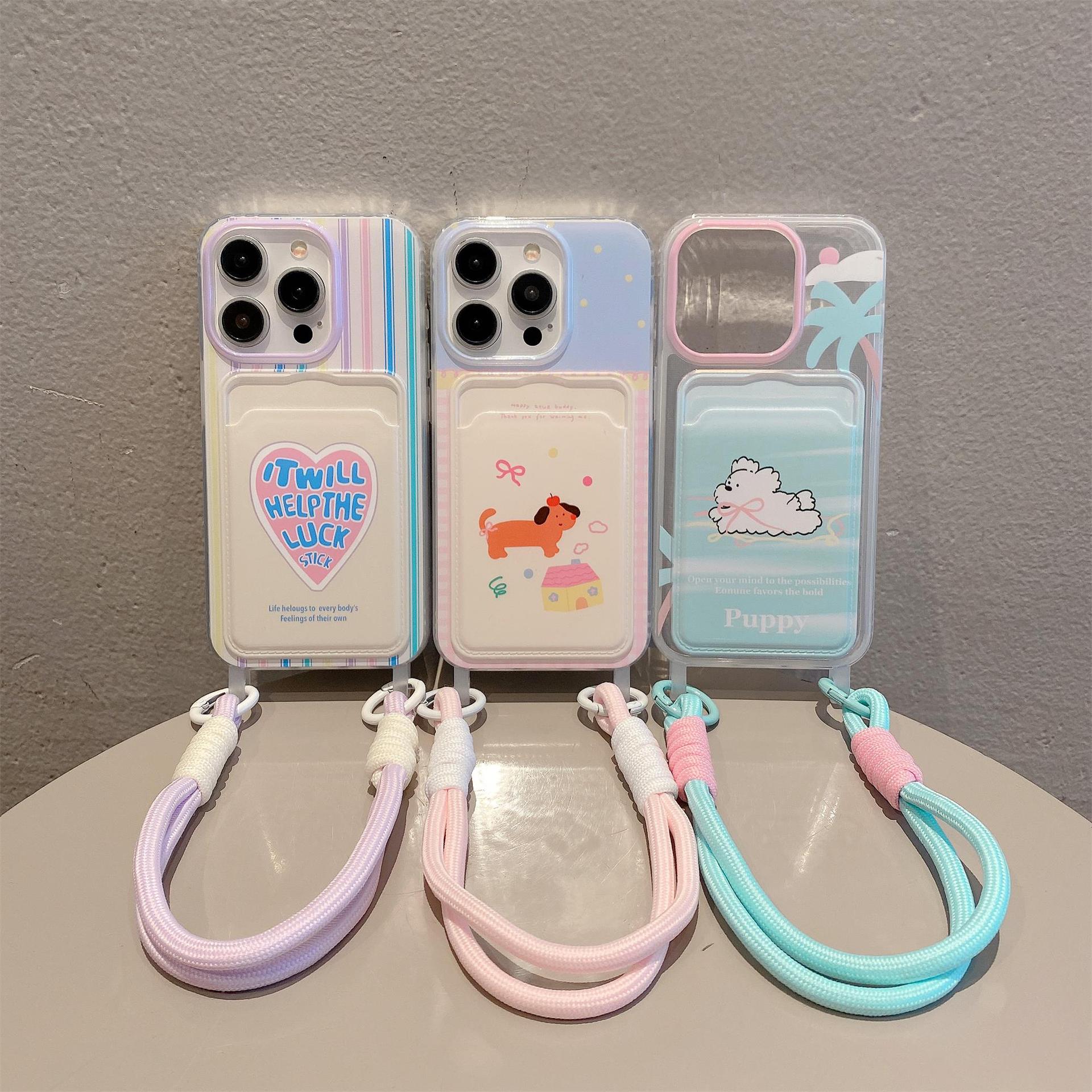 卡通新款适用苹果16卡包手机壳带挂链iphone15透明14