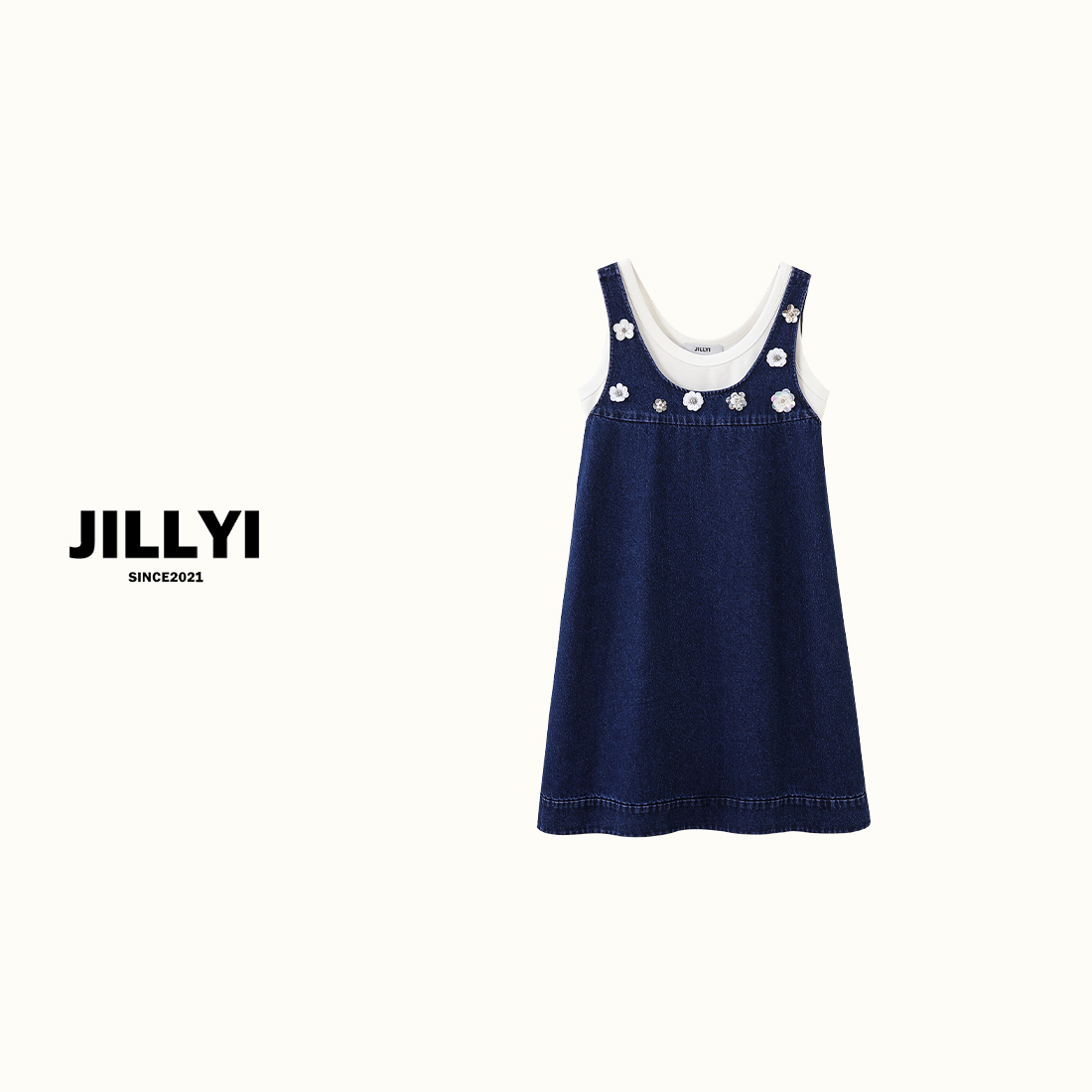 JILLYI珠海店【雏菊雨季】水洗蓝U型领立体雏菊花朵装饰+白色背心套