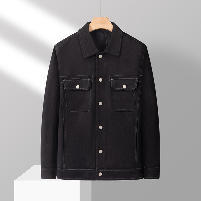 秋冬男士商务休闲翻领麂皮设计感口袋纯色简约柔软舒适夹克F11301