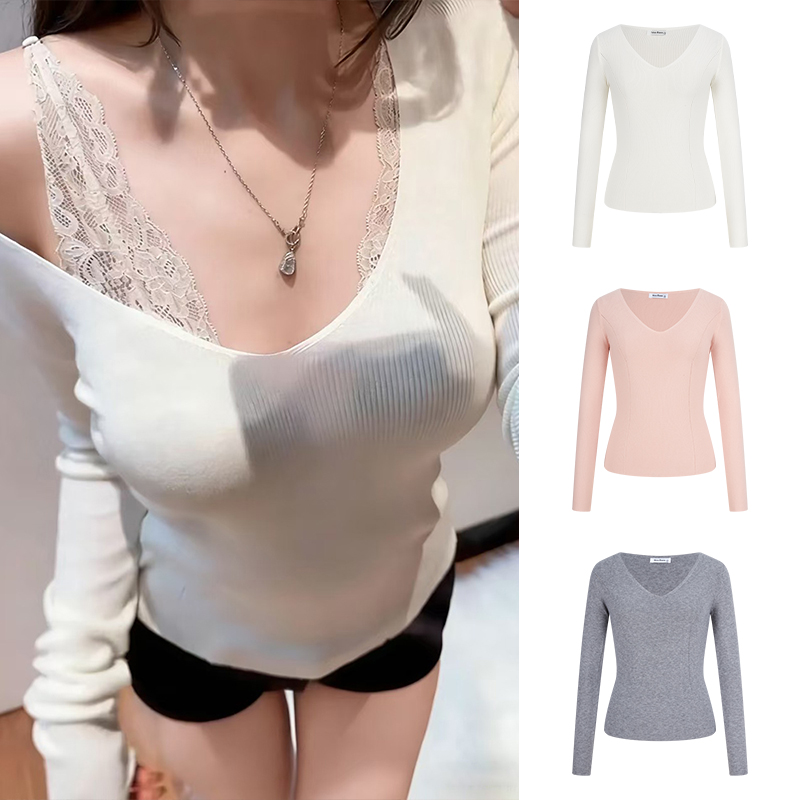 Moses Queen/魔西女王V领针织打底衫女秋冬高智风设计感修身上衣