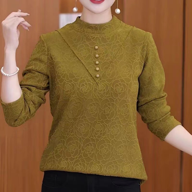 洋气妈妈保暖印花秋冬新款长袖德绒时尚气质加厚高领打底百搭上衣