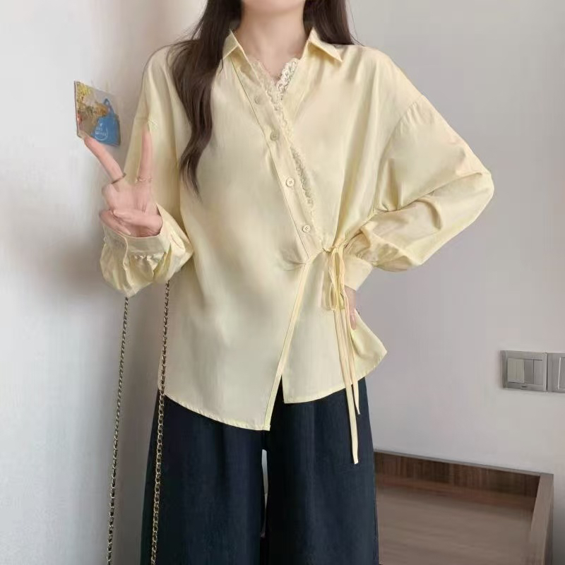 法式气质蕾丝拼接衬衫不规则设计显瘦长袖洋气小衫