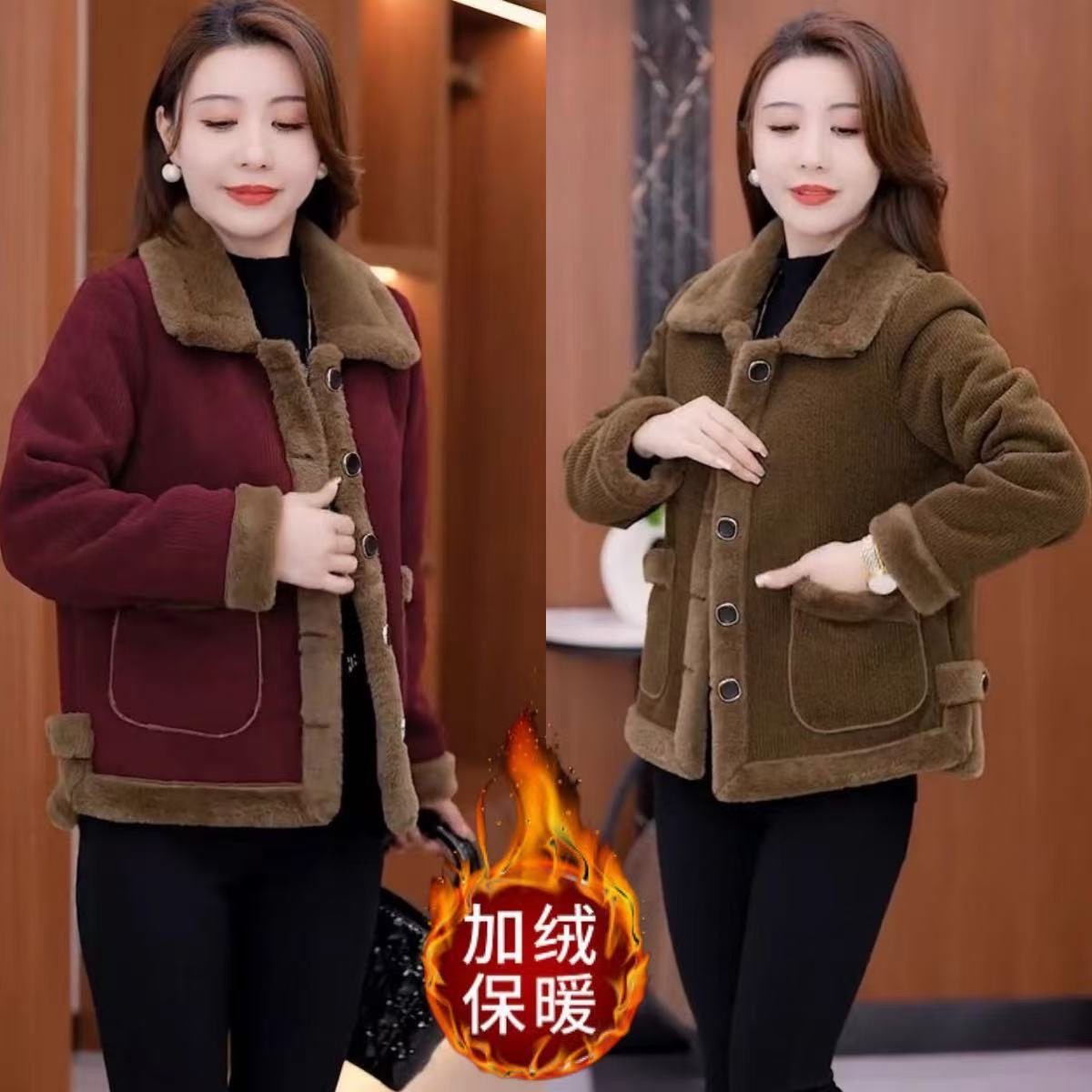 妈妈冬装加绒加厚外套洋气中老年女时尚小个子保暖棉衣服短款棉袄