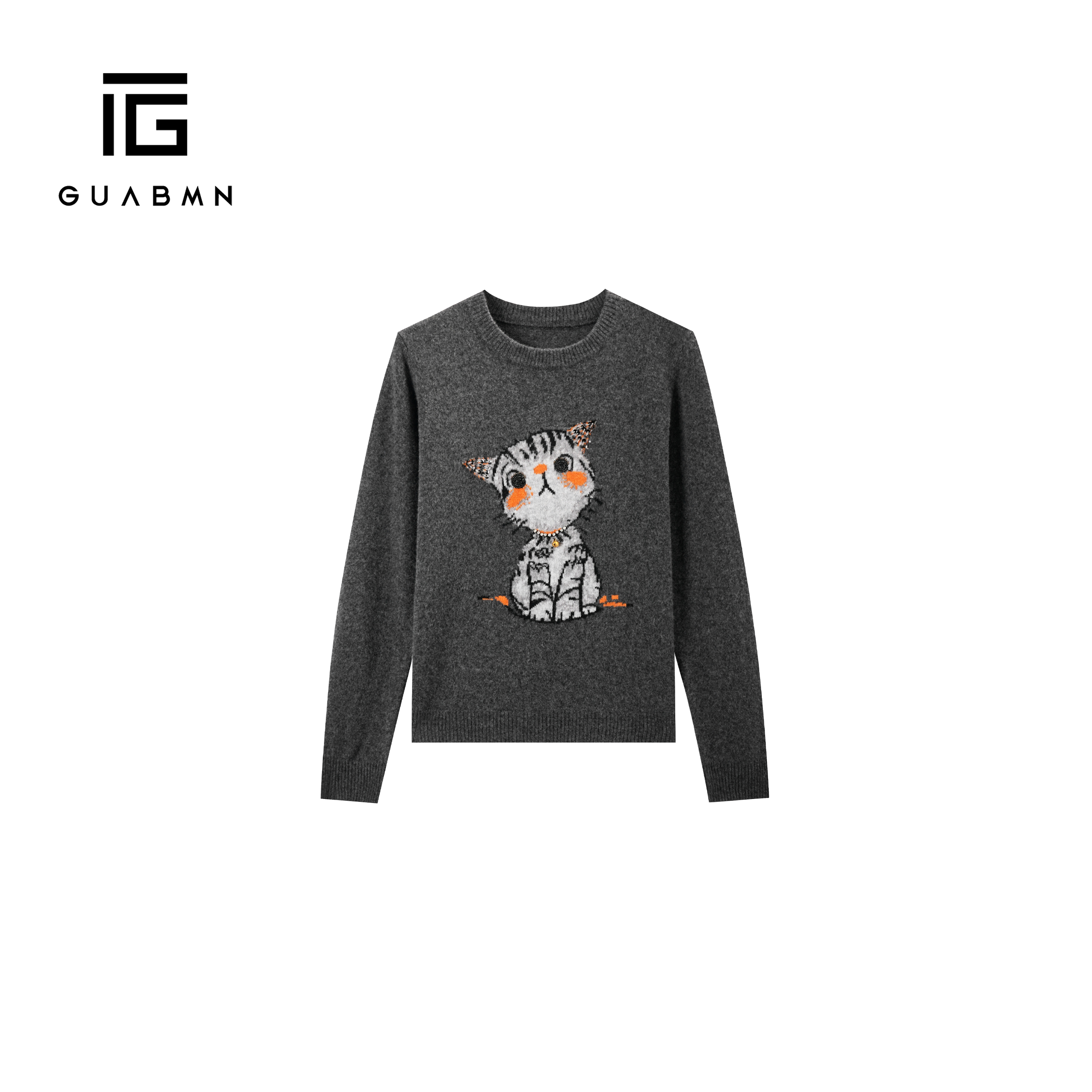 GUABMN2025秋季新款卡通猫咪提花圆领女士加厚百搭针织衫毛衣5913