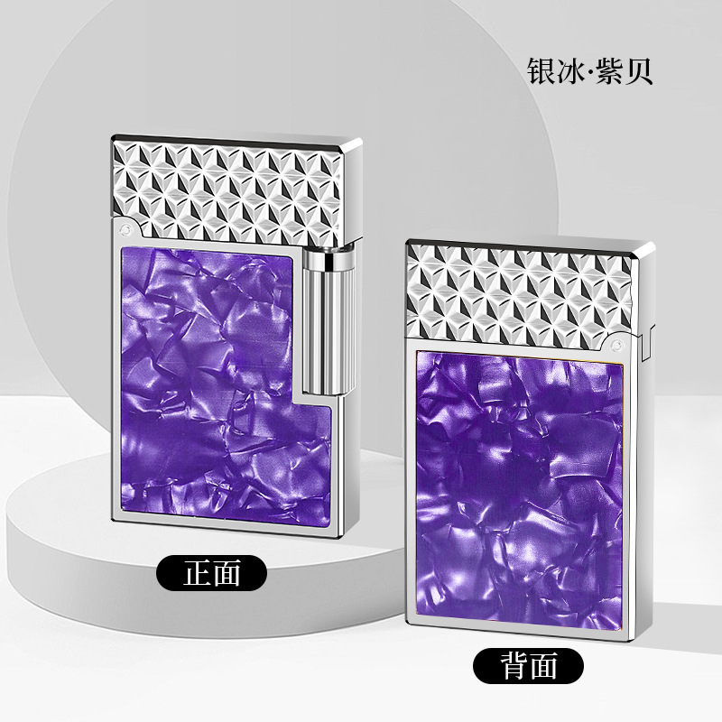 新款双面彩贝镶嵌侧滑砂轮充气斜火打火机