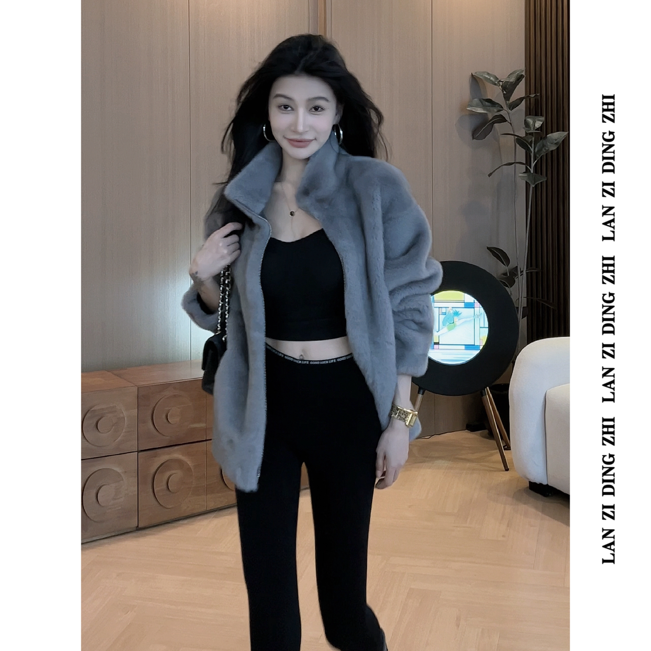 「冬雪可颂」冬季法式高级感拉链设计秋冬新款精致感高领毛毛外套