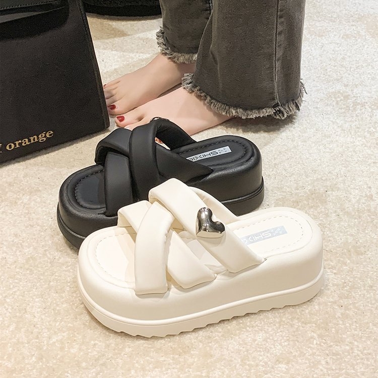 厚底夏季极简风防滑修面皮一字拖软底外穿交叉lulu风