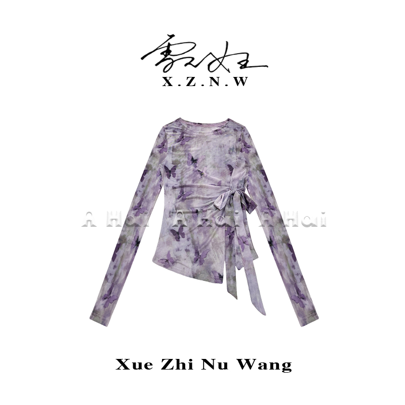 A Hai【紫影蝶韵】夏季蝴蝶印花气质绑带设计感网纱T恤女百搭罩衫