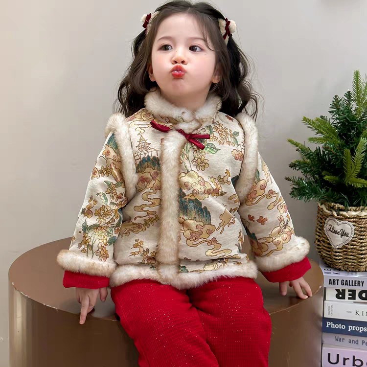1227【染色瑕疵】小女童拜年服冬季加厚套装儿童喜庆表演出服套装