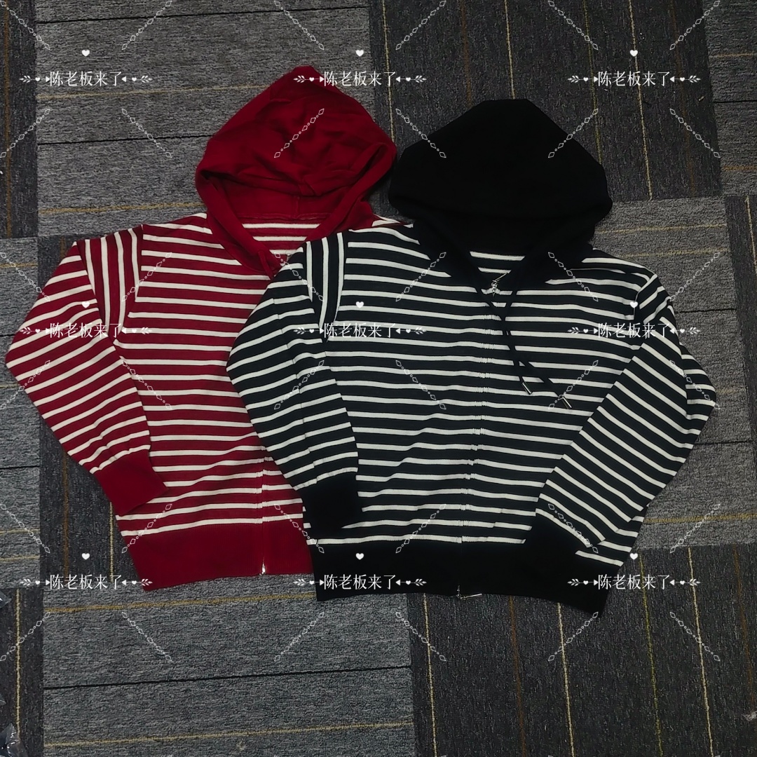 针织条纹毛衣带帽双拉链外套